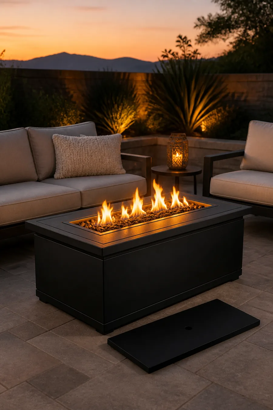 Black rectangular propane fire pit table with lid