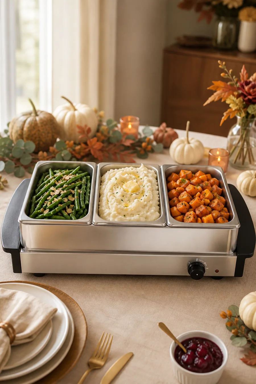 Three-pan buffet server filled with Thanksgiving side dishes