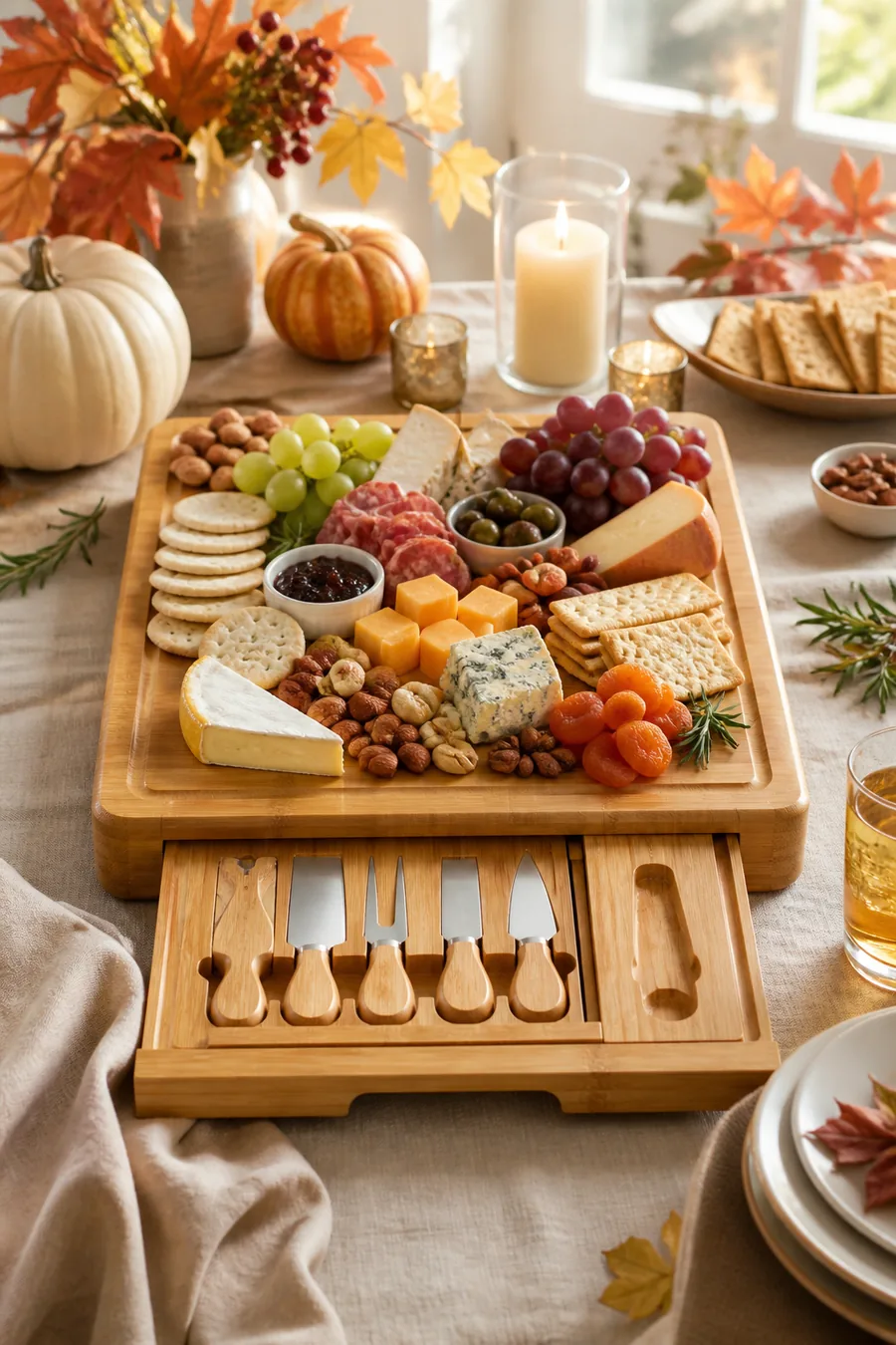 Extra-large Thanksgiving charcuterie board with cheese knives