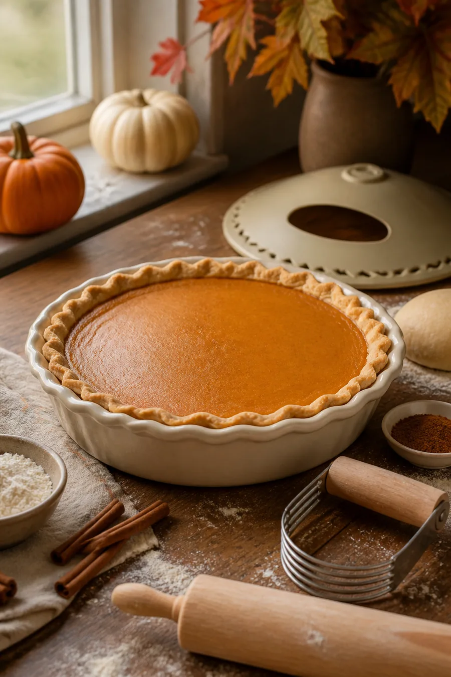 Deep-dish pumpkin pie baking set with pastry tools