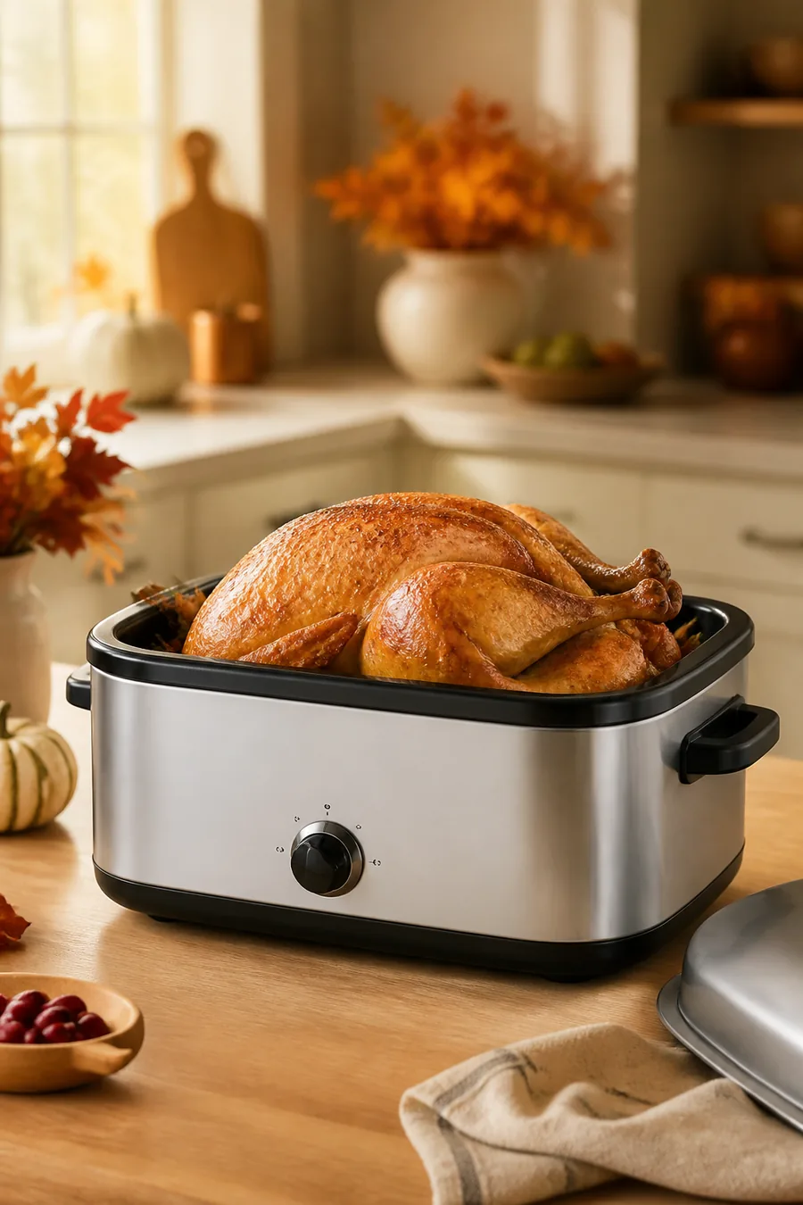 Electric turkey roaster oven with a Thanksgiving turkey