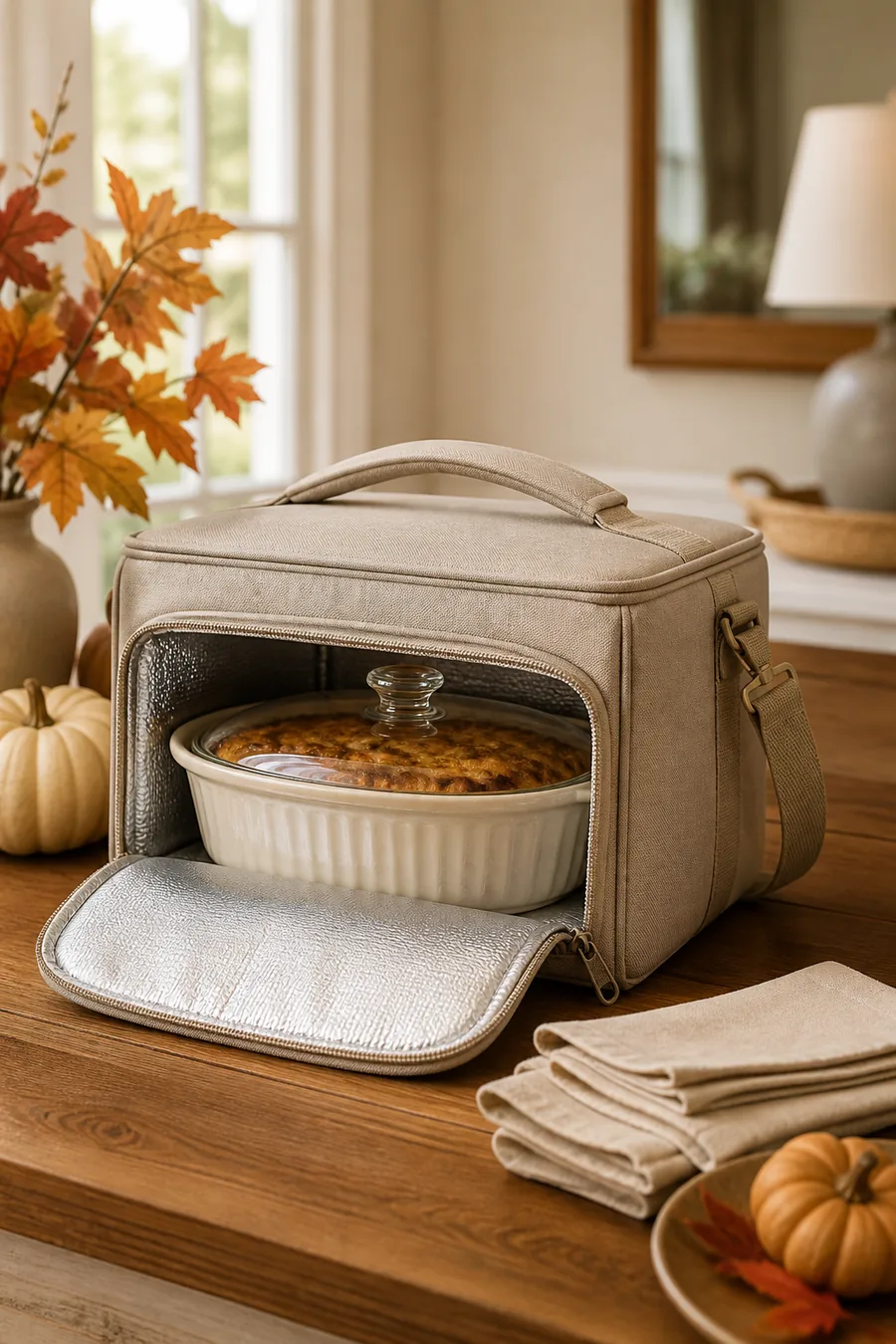 Insulated casserole carrier prepared for Thanksgiving travel