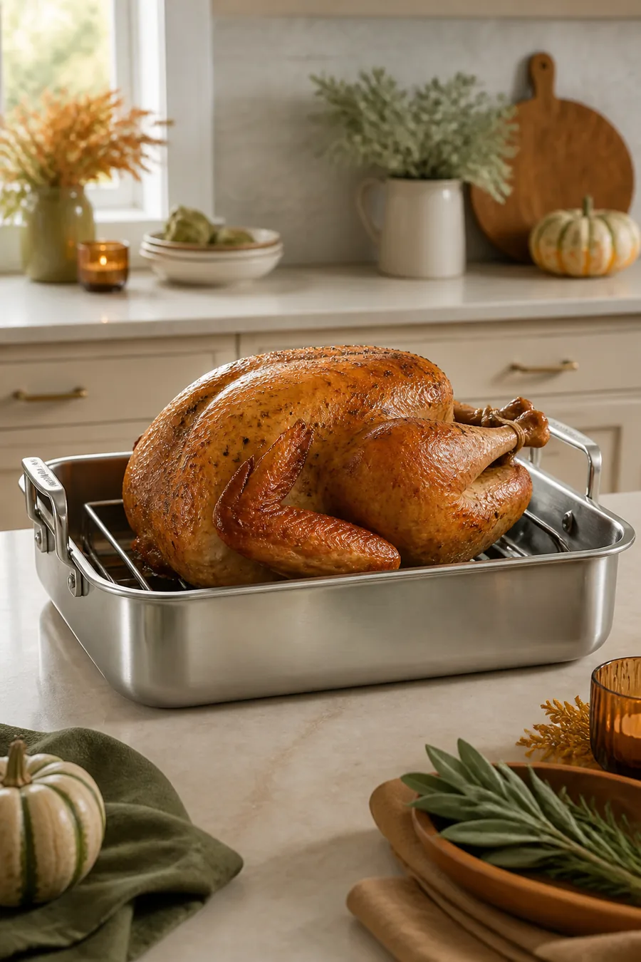 Stainless-steel roasting pan with rack and golden turkey