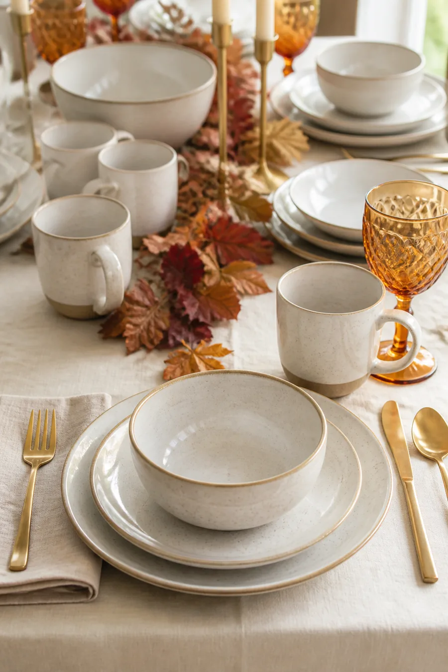 Neutral stoneware dinnerware set on a Thanksgiving table