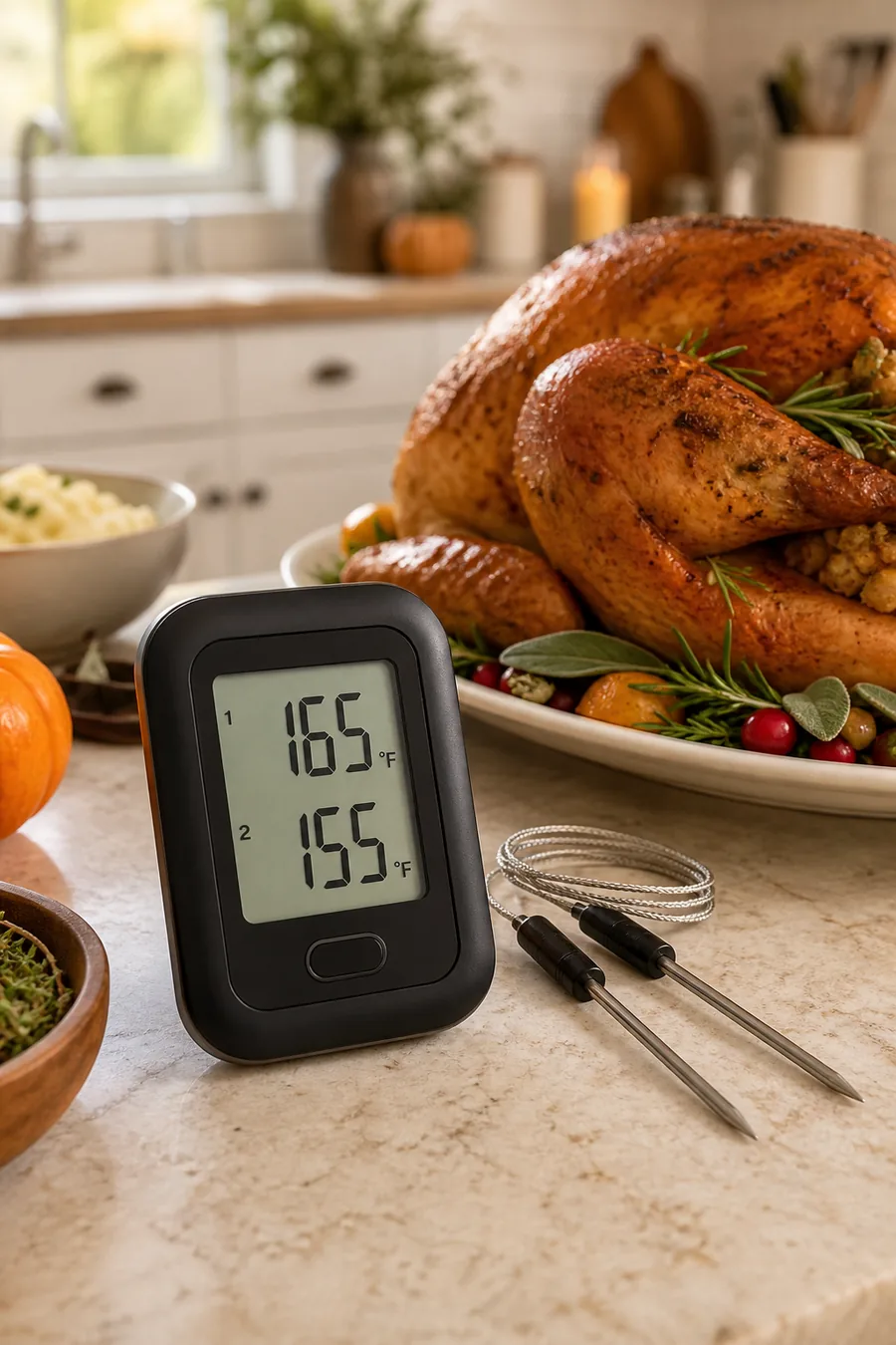 Wireless dual-probe meat thermometer beside a roasted turkey