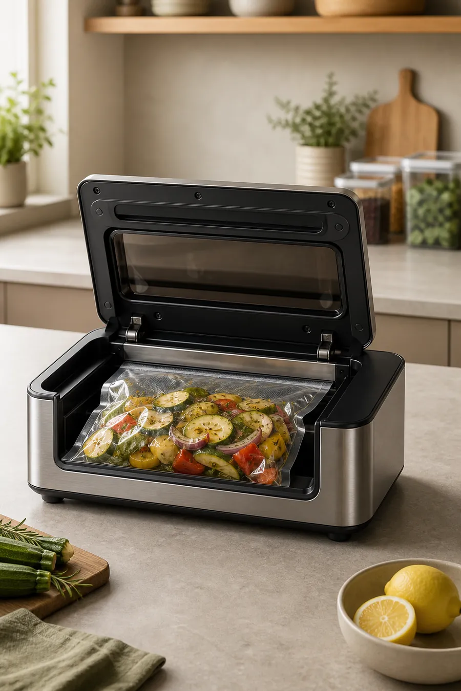 Chamber vacuum sealer preparing marinated vegetables