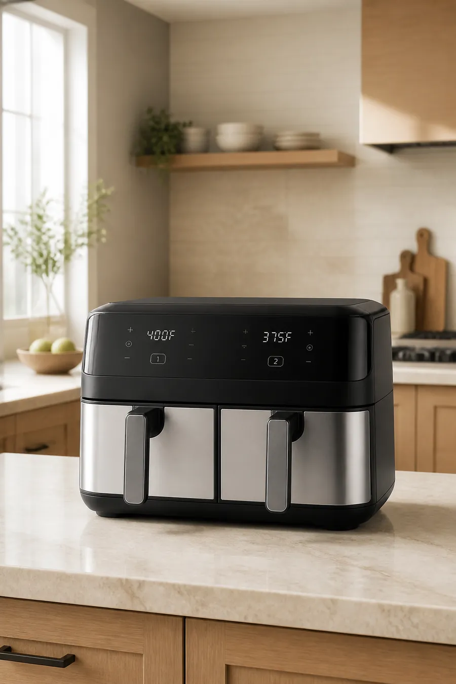 Dual-basket air fryer in a modern kitchen