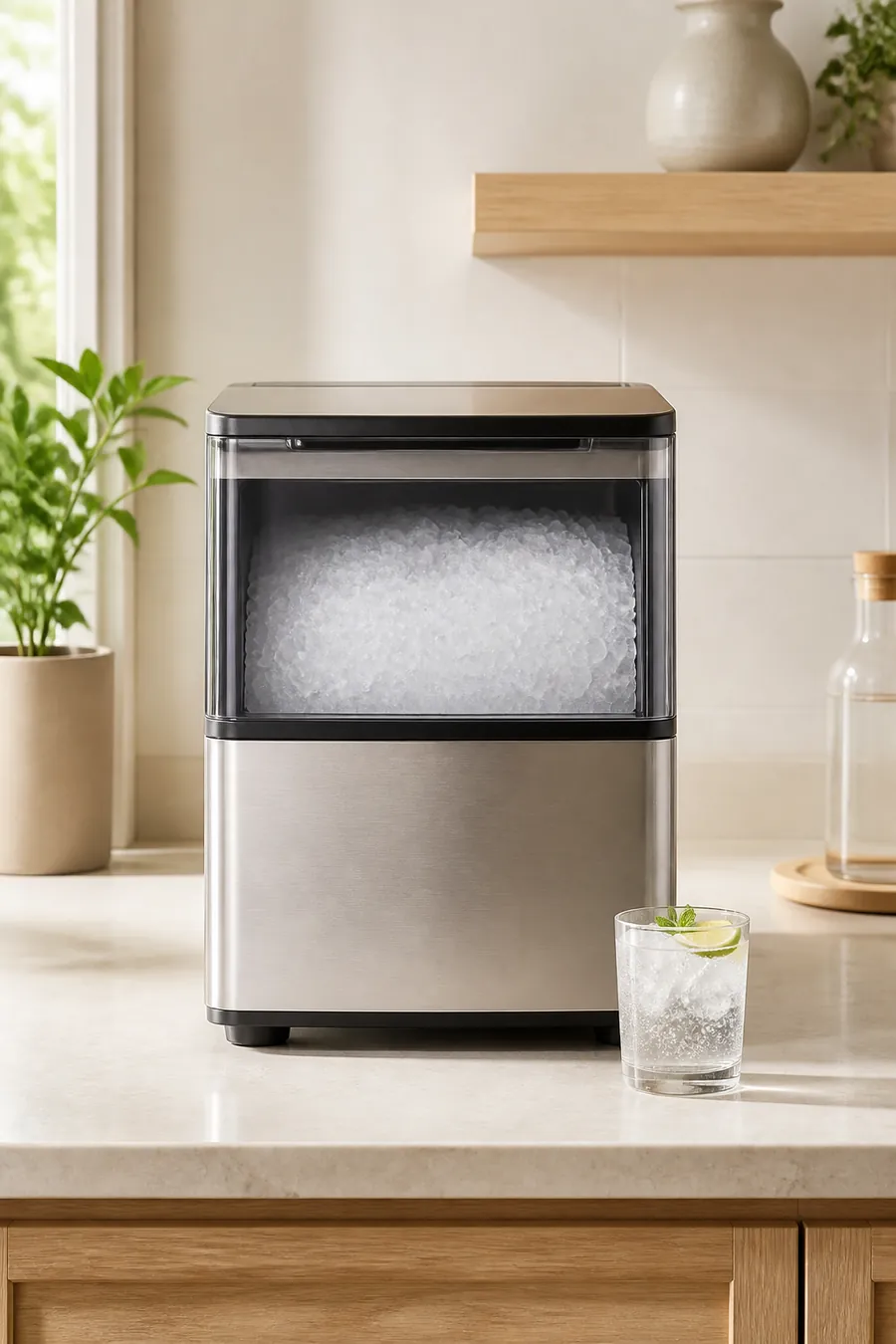 Countertop nugget ice maker at a home beverage station