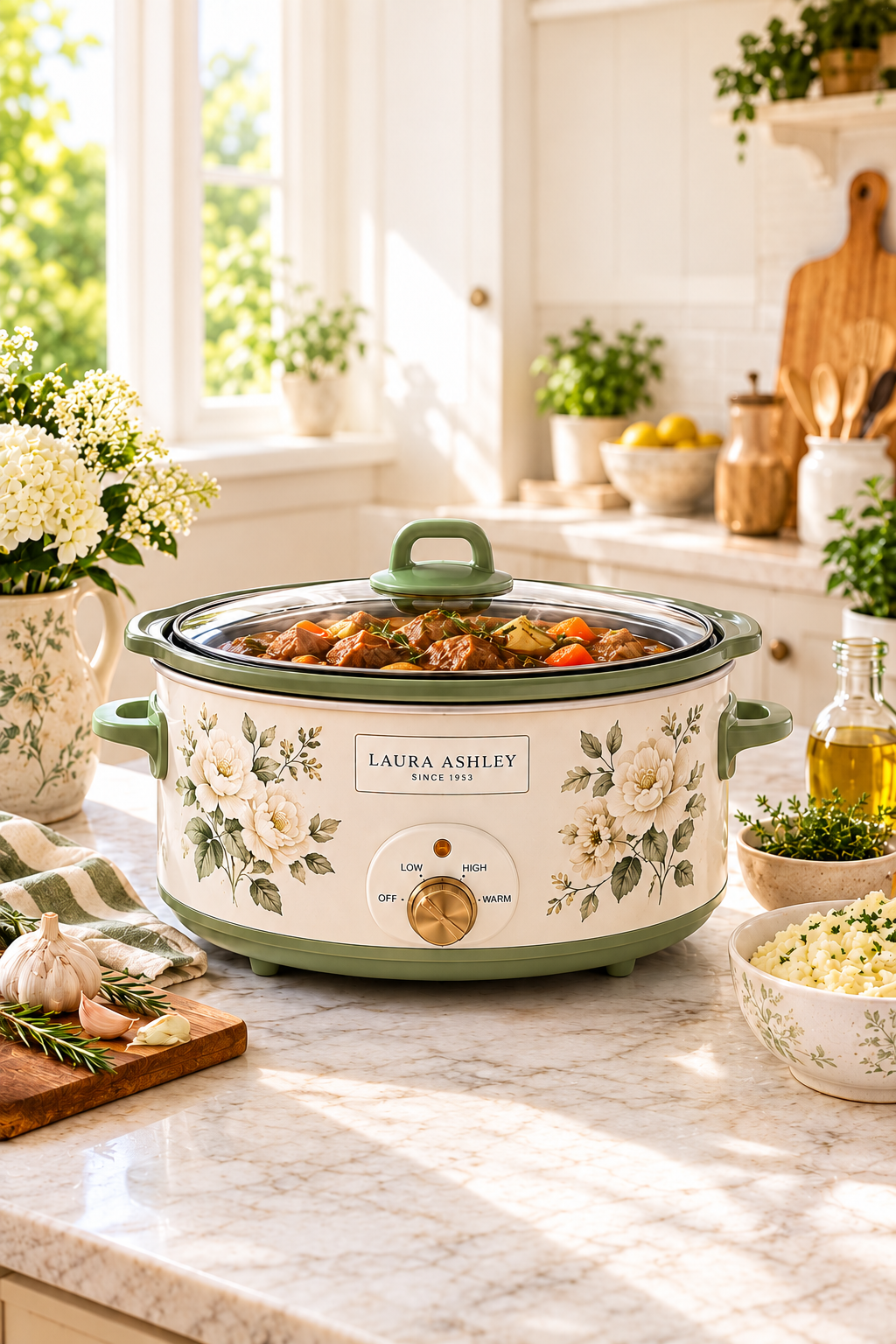 Floral cream and sage slow cooker in a bright cottage kitchen