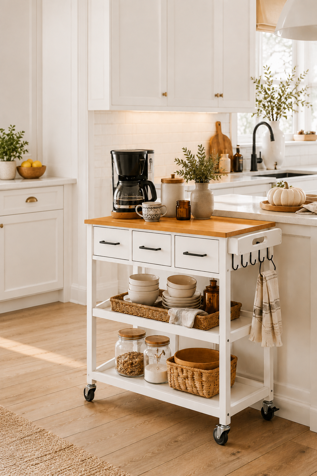 White rolling kitchen island cart with bamboo top and organized shelves