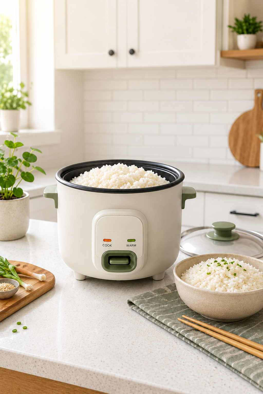 Cream and sage green mini rice cooker with a bowl of cooked rice