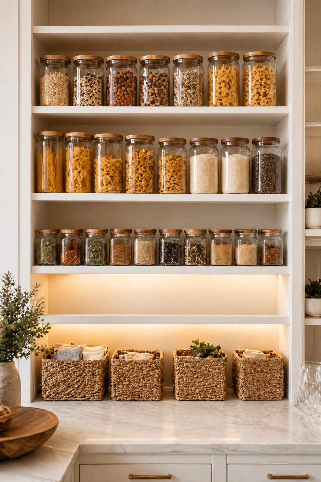 Organized pantry with clear glass jars and woven storage baskets