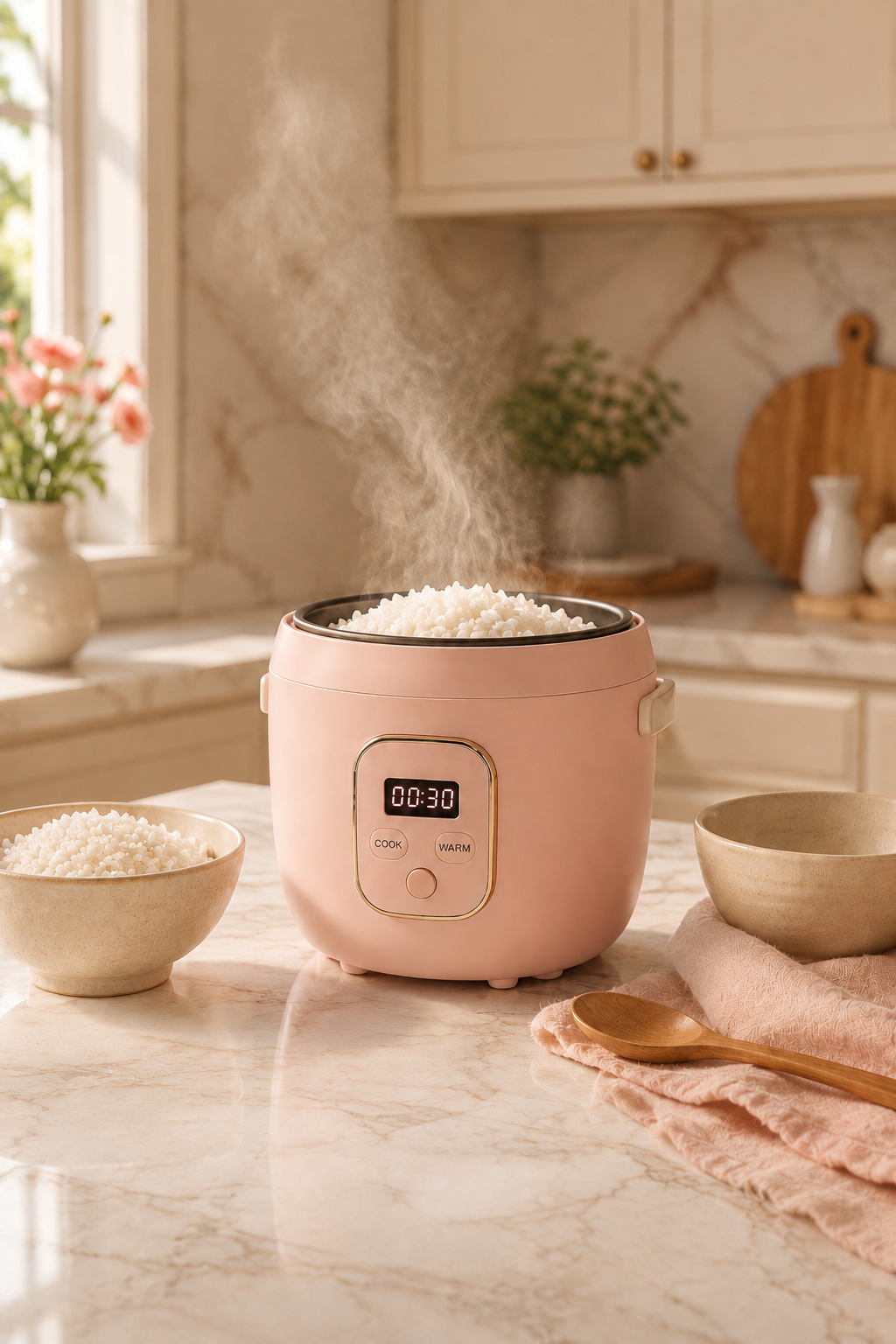 Compact blush pink rice cooker with freshly steamed rice