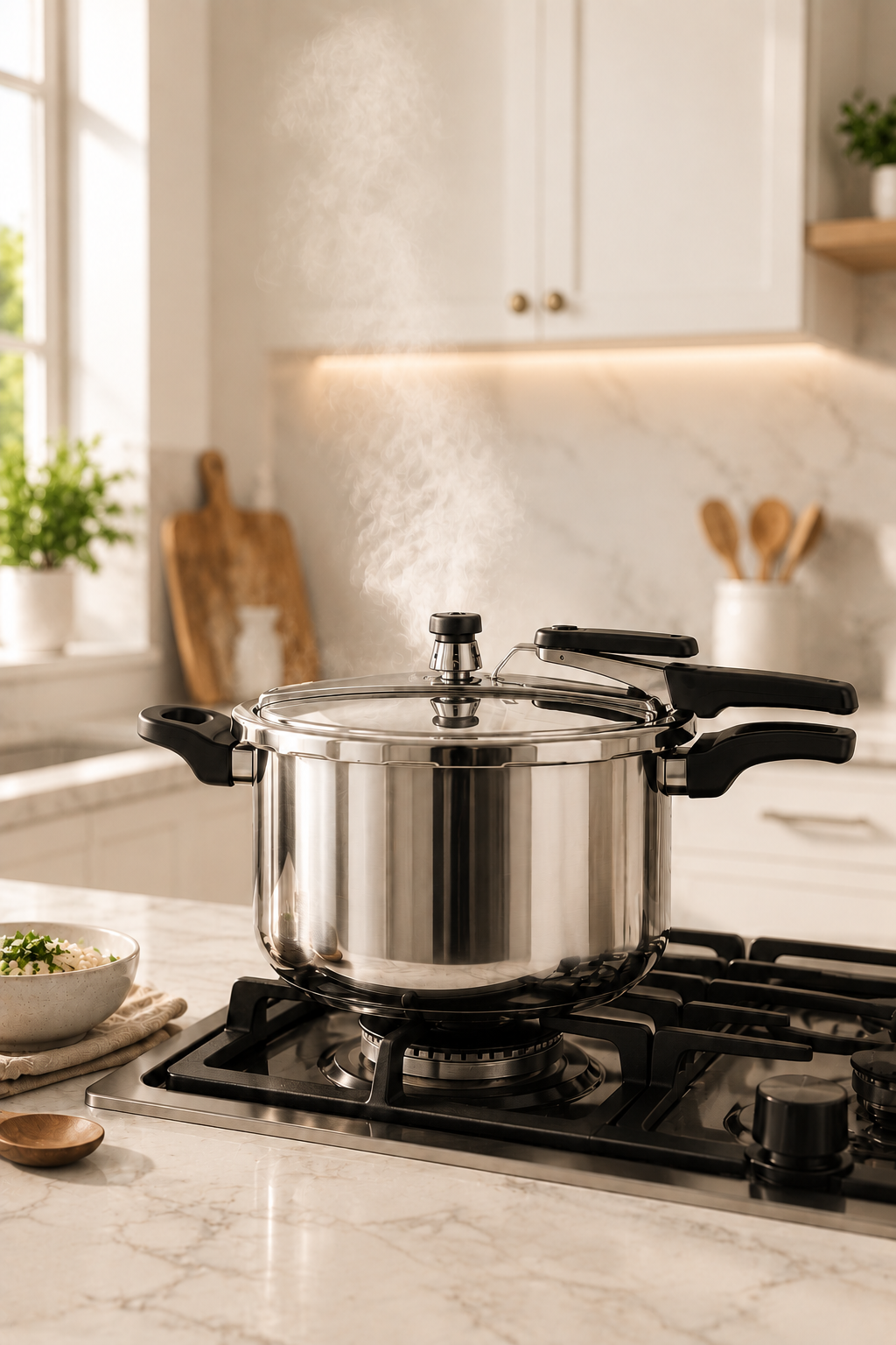 Stainless steel pressure cooker steaming on a kitchen stove