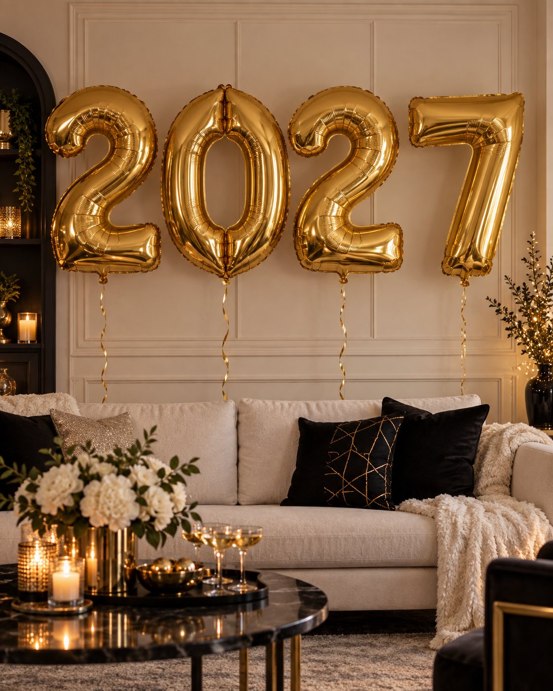 Large metallic gold 2027 foil number balloons displayed in an elegant living room
