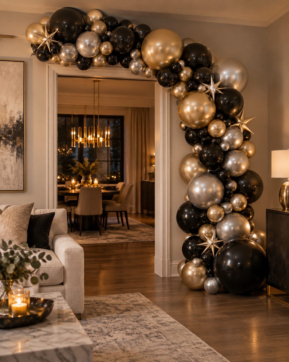 Black, gold and silver balloon arch decorating a home doorway