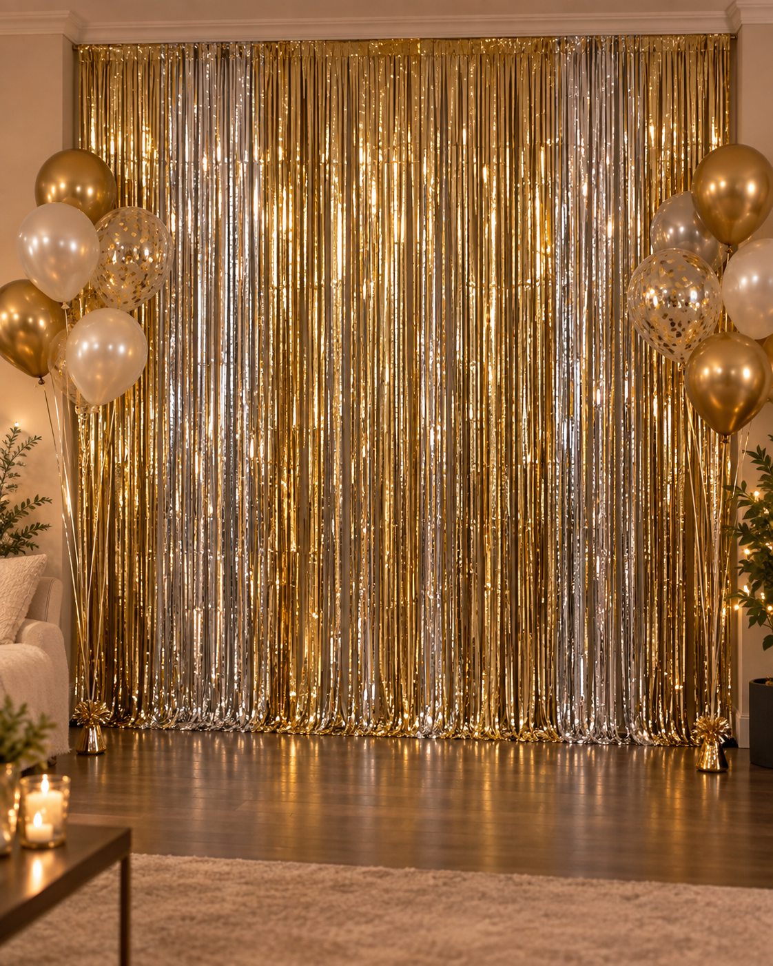 Gold and silver metallic fringe curtain photo backdrop with balloons