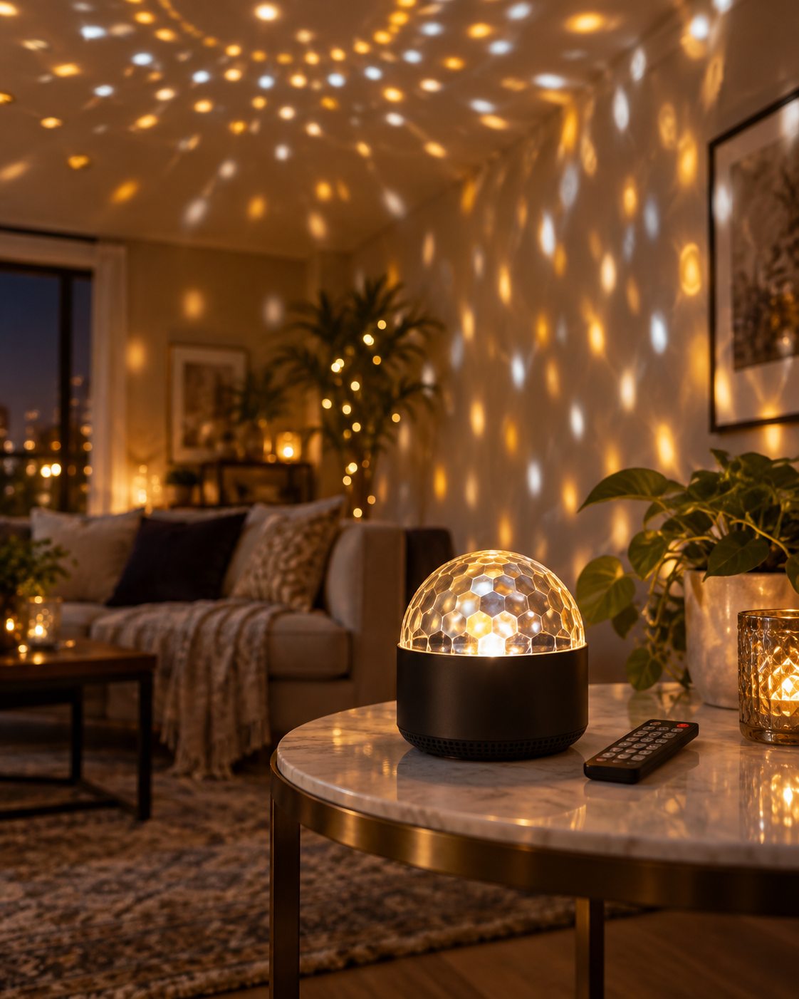 Compact disco party light projecting warm gold and silver patterns in a living room