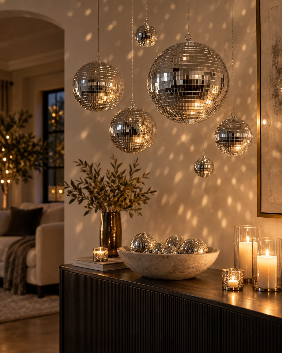 Hanging mirror disco balls styled above an elegant home console table