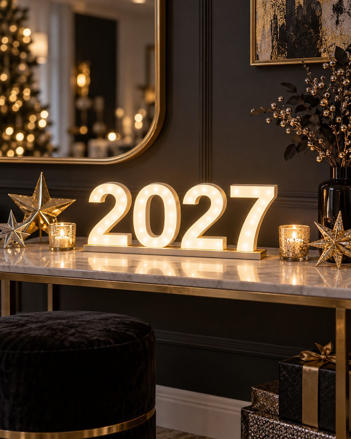 Warm white light-up 2027 marquee sign styled on a console table