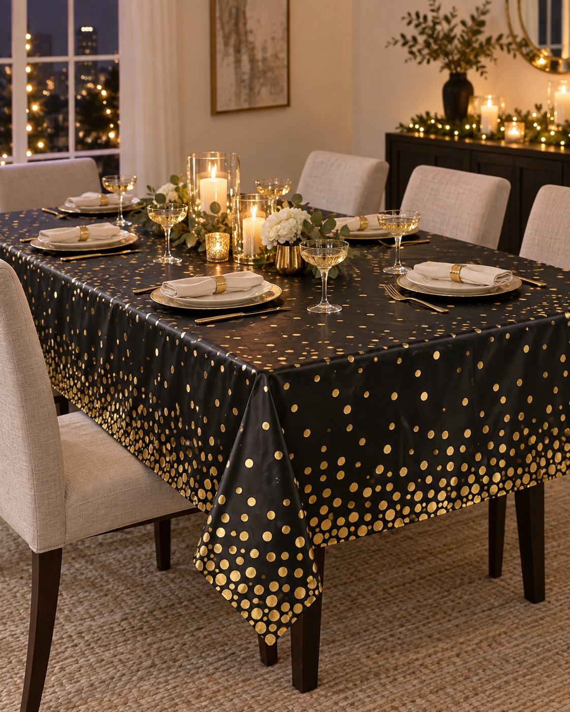 Black disposable rectangular tablecloth with metallic gold dots on a New Year’s Eve dining table