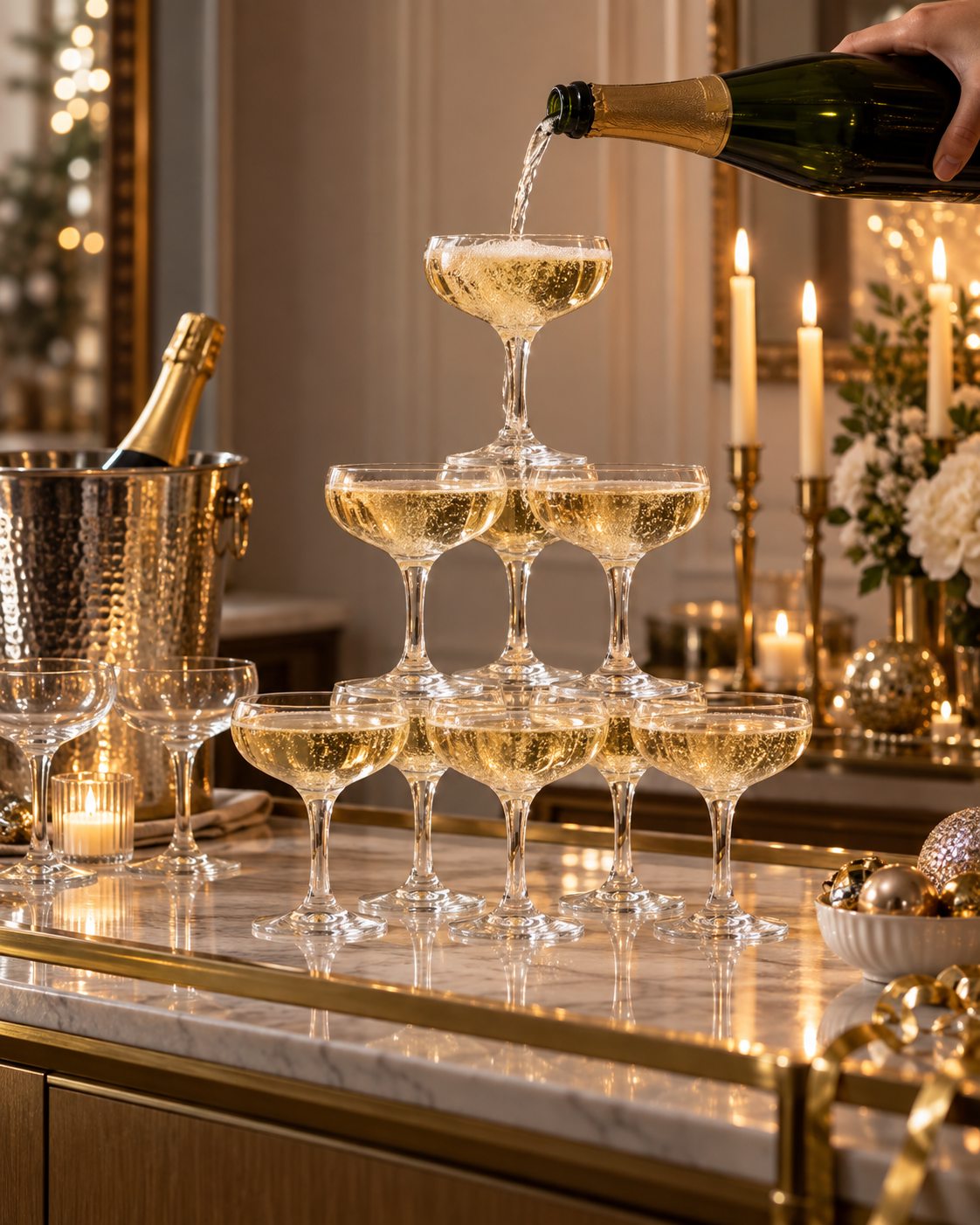 Small champagne coupe tower on an elegant home bar for New Year’s Eve